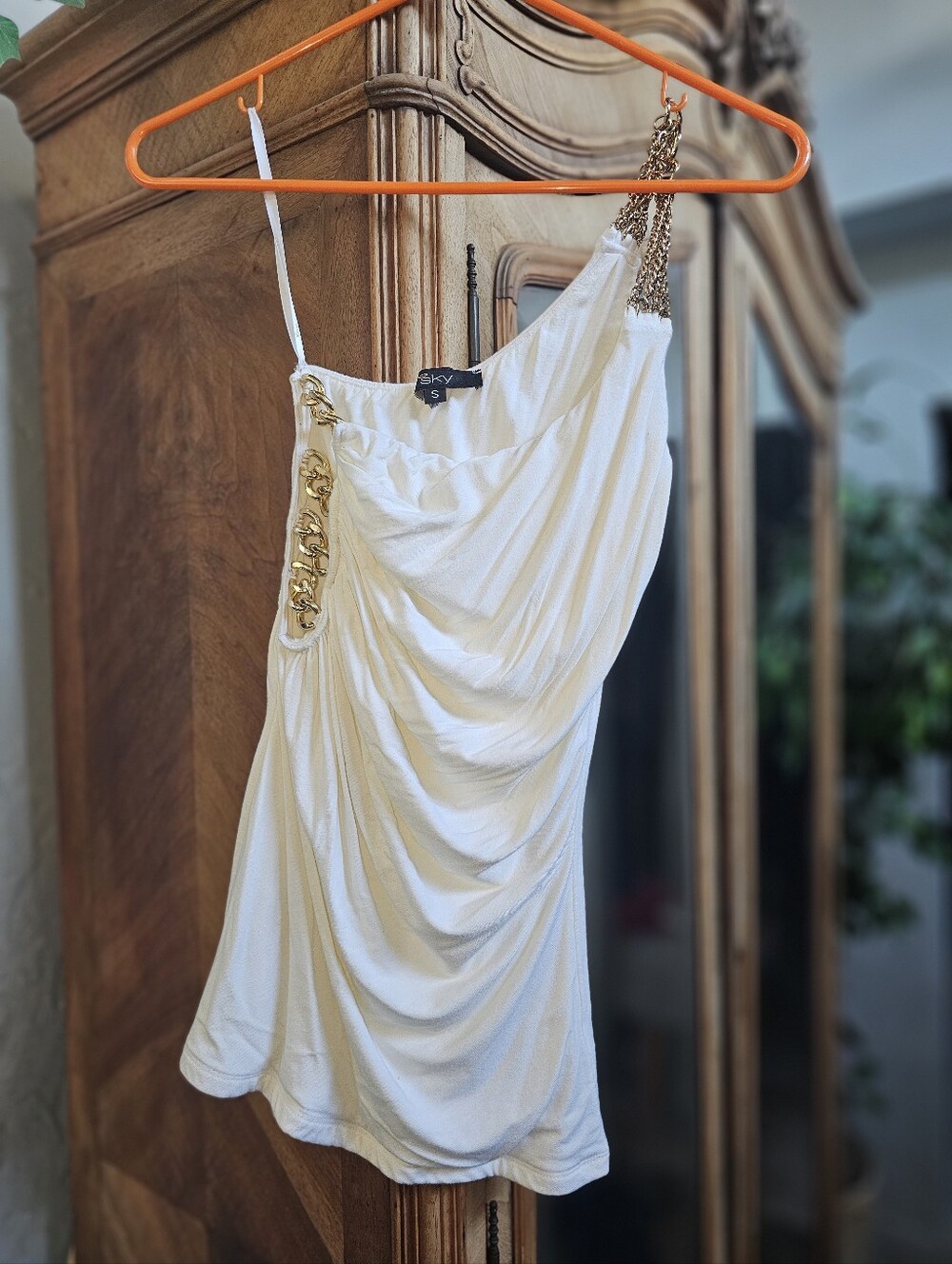 Sky White One-Shoulder Draped Top with Gold Chain Accent